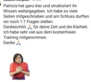 strukturiertes Wissen, 1:1 Fragen erlaubt, Ich konnte viel aus dem kostenlosen Training mitnehmen. Danke